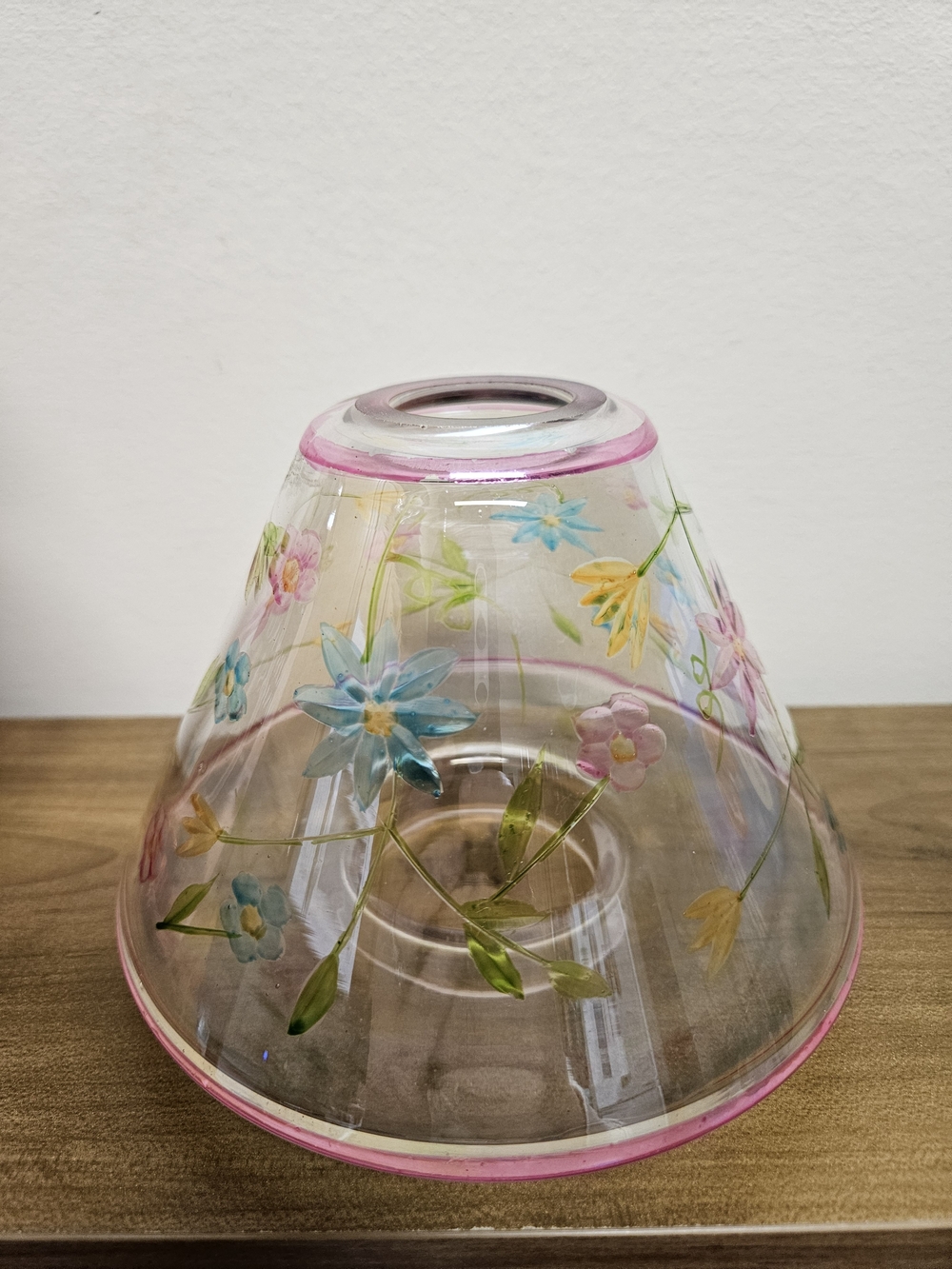 Yankee Candle Retired Floral Painted Glass Shade Blue Yellow With Pink Trim